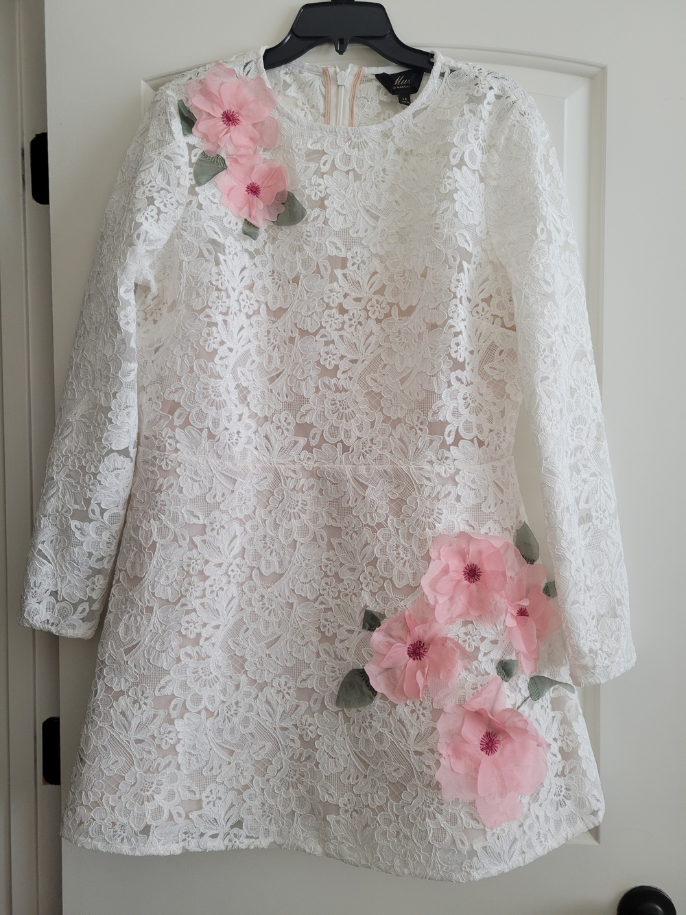 Ladies White Lace Dress with Pink Floral Appliques